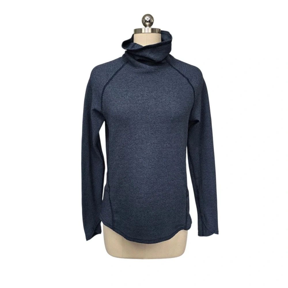 Kuhl Womens Funnel Neck Pullover‎ Navy Blue Waffle Knit Raglan Top Size Medium